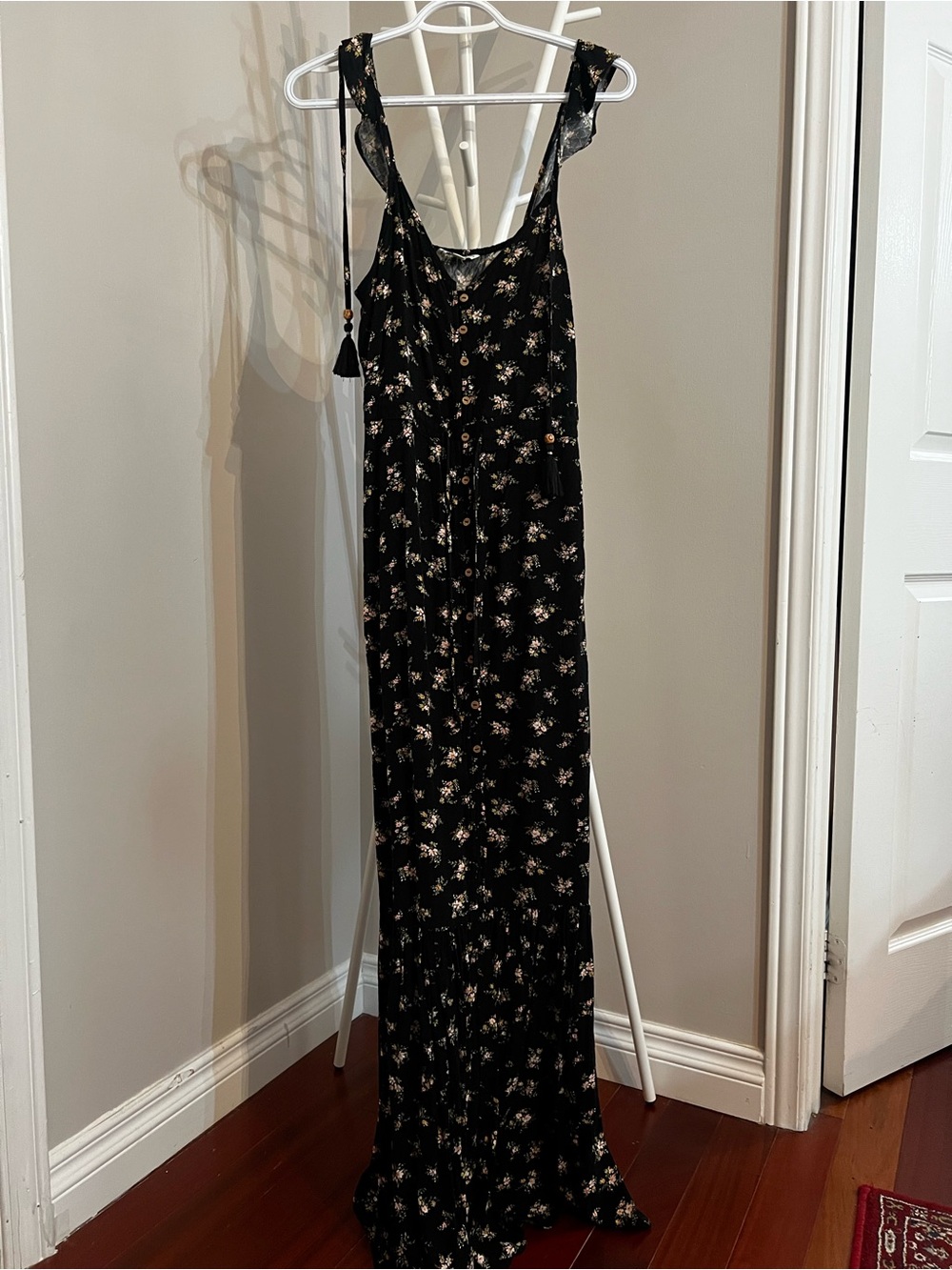 American Eagle Outfitters Black Floral Maxi Dress with Ruffle Straps